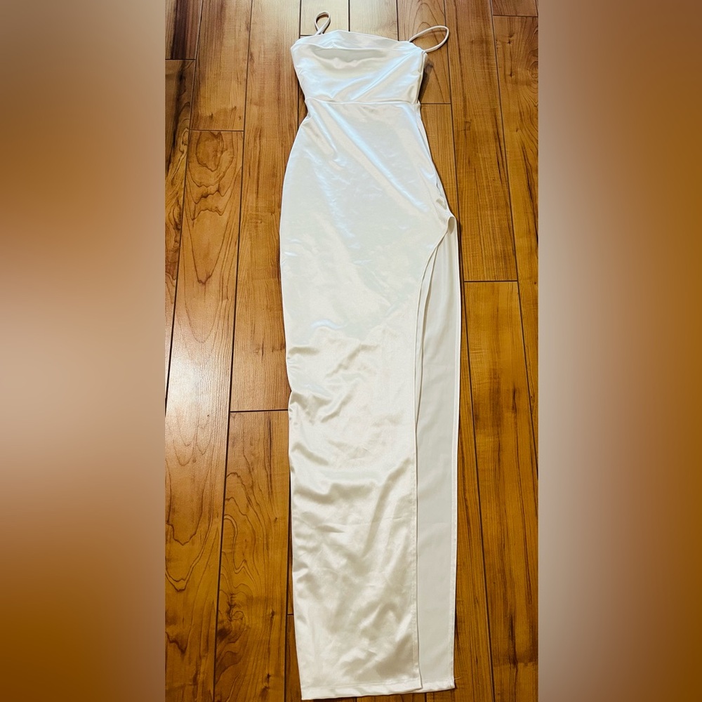 Windsor White Satin Spaghetti Strap Side-Slit Gown